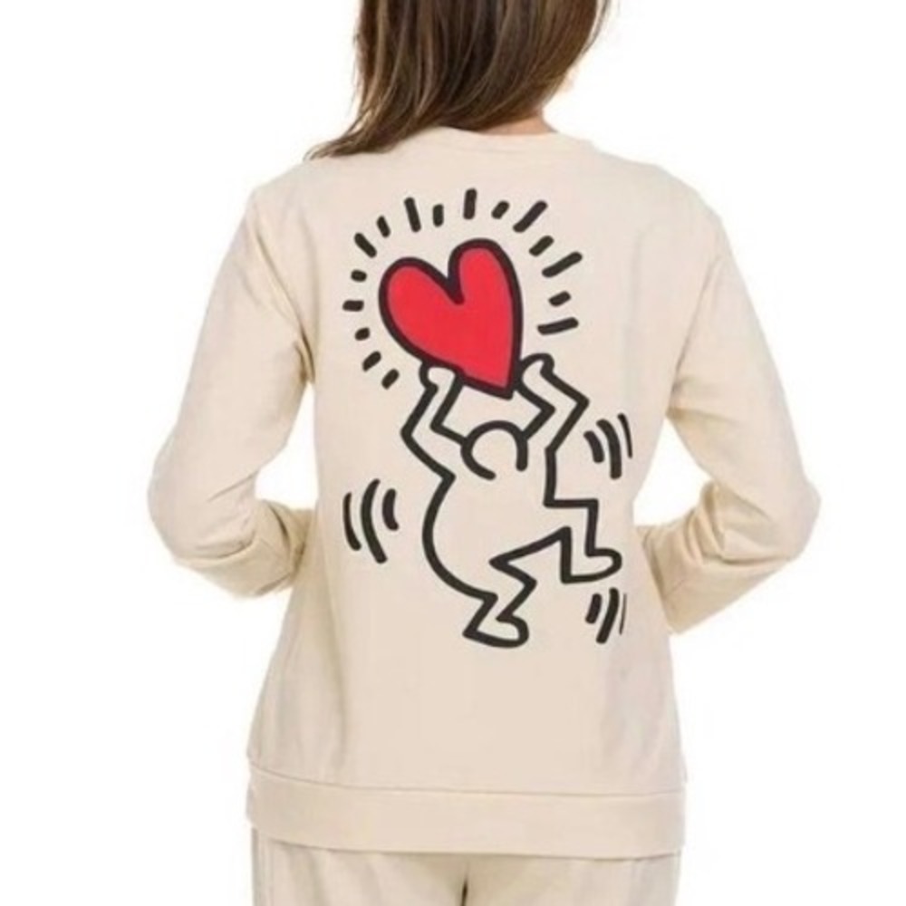Keith Haring Love Radiant Heart Graphic Sweatshirt Cream XXL Pop Art Fleece